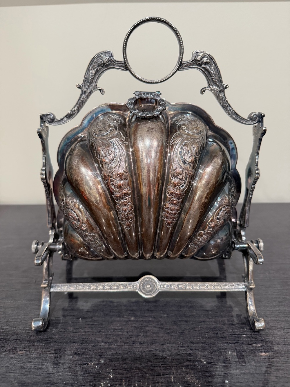 Antique Clamshell Double Sliver Plated Filigree Biscuit Warmer Serving Stand